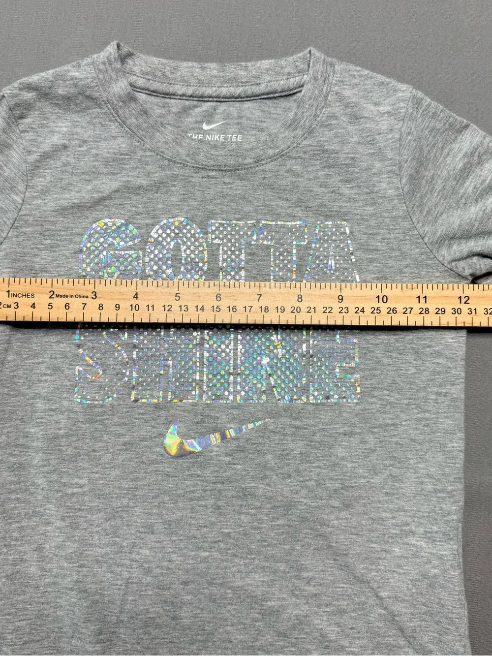 Nike Kids Long Sleeve Tee with Holographic 'Gotta Shine' Graphic - Gray